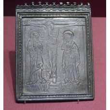 Copper alloy pax, T-shaped cross crucifix on a copper sheet